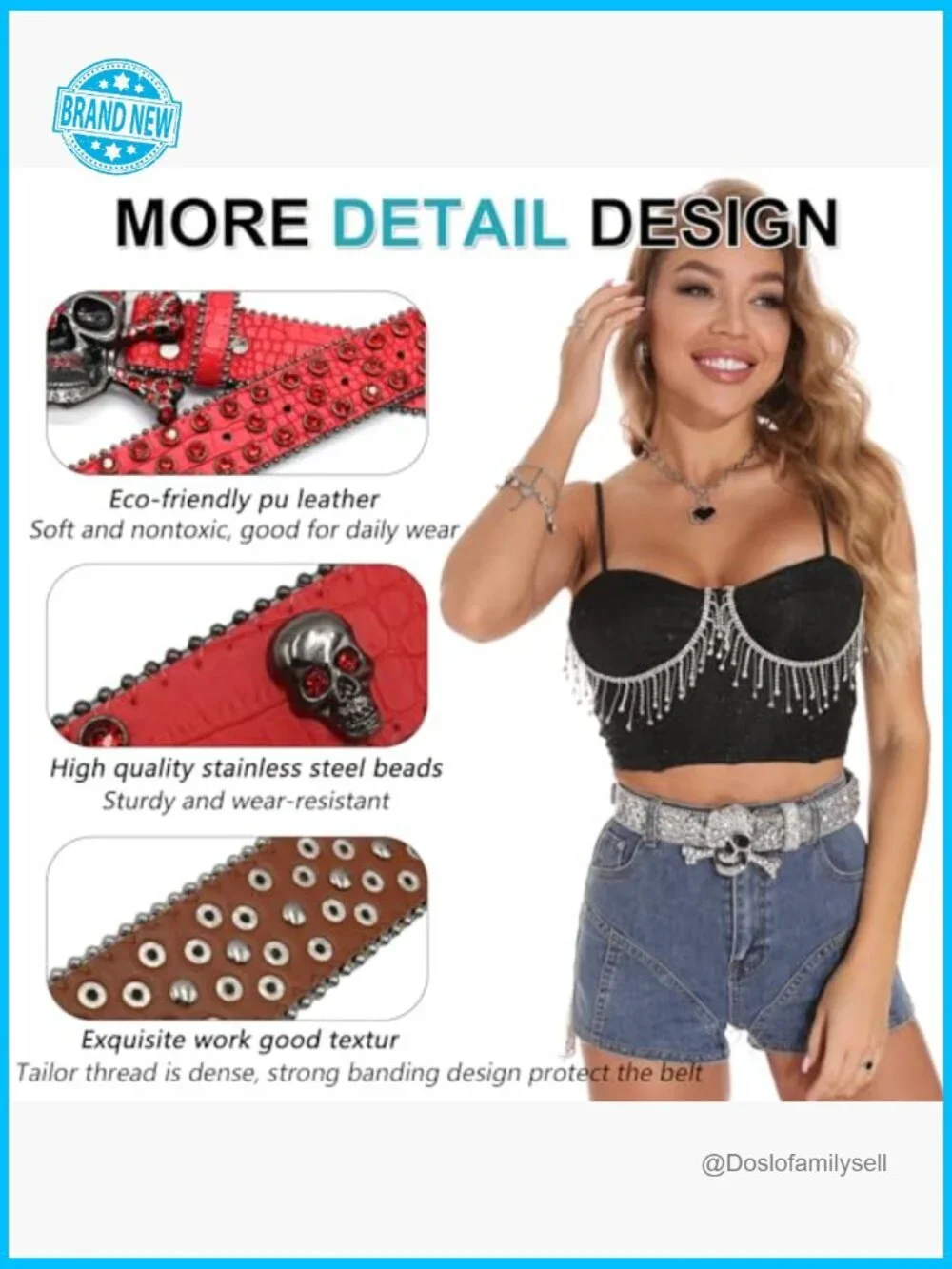 Rhinestone Skull Belt Punk Studded Western Adjustable Leather Y2K